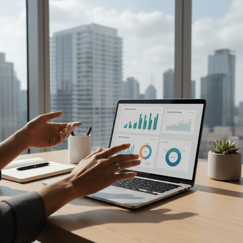 Consultant analyzing marketing data on a laptop